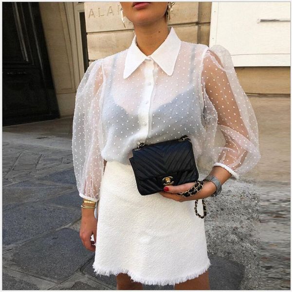 

wit transparant chiffon blouse vrouwen 2019 bladerdeeg mouw knoppen zomer blusas shirt kantoor dames blusa chemisier femme c13, White