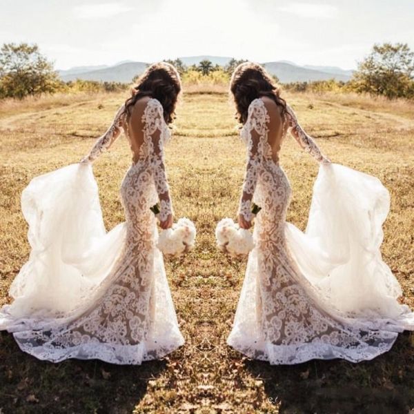 

Long Sleeve Mermaid Wedding Dresses 2019 Modest Sheer Jewel Neck Covered Button Full lace Applique Country Garden Bridal Gowns