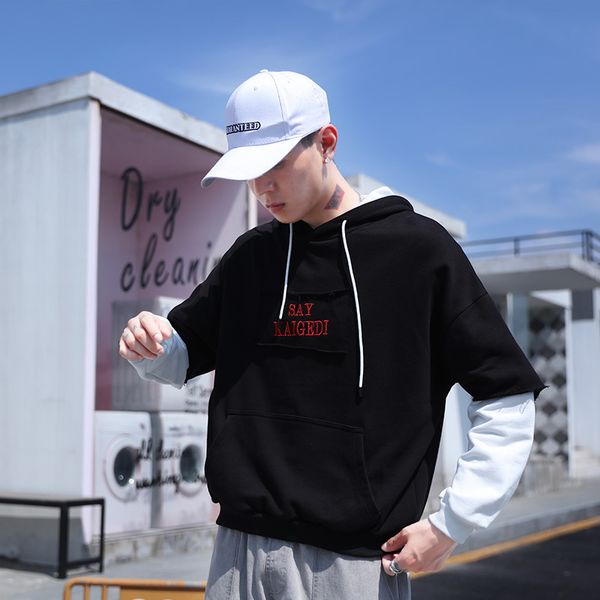 

2020 new men's spring pullover holiday two color blocked cotton casual couple loose fashion handsome hooded sweatshirt large, Black