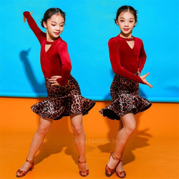 

stage wear latin dance dress children 110-180cm ballrom competition cha rumba samba tango baby girl vestidos leopard kids costume, Black;red