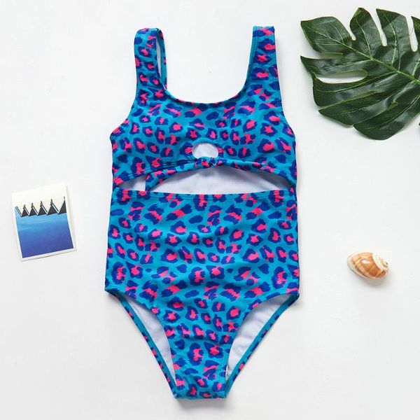 

7-14 years swimsuit 2020 girls one-piece swimwear blue leopard bathing suits with inner pad lage size girl's swimwear 9048