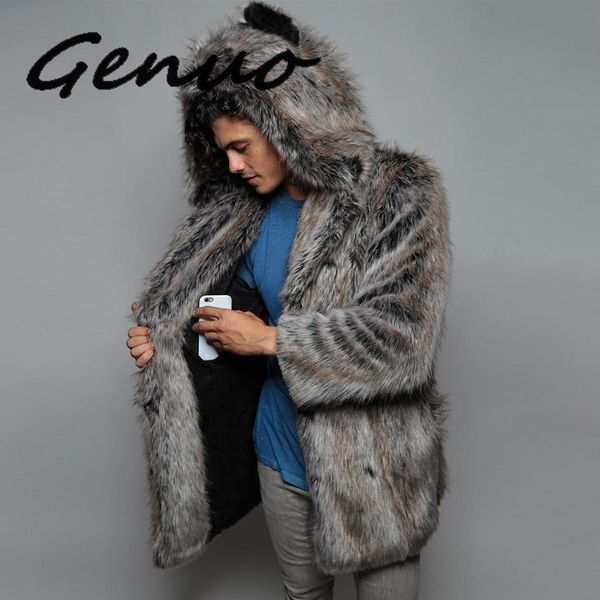 

genuo новый 2019 зимние мужские меховые пальто мужские меховые пальто с капюшоном furparka негабаритных мужские пальто теплый искусственного, Black