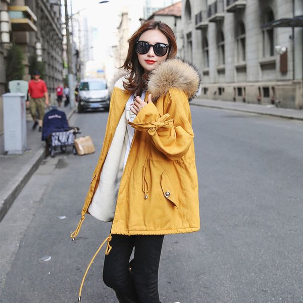 

winter tooling lamb hair thick cotton coat female long section large fur collar cotton coat, Black