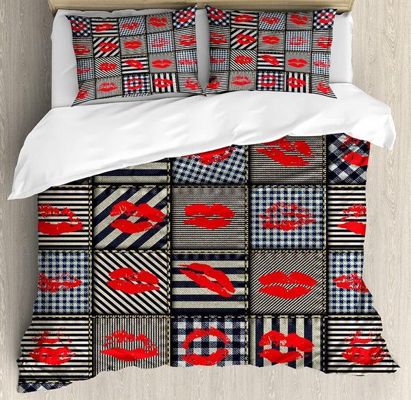 

fabric duvet cover set woman figure kiss lipstick forms on striped houndstooth groovy backdrop bedding set black and red