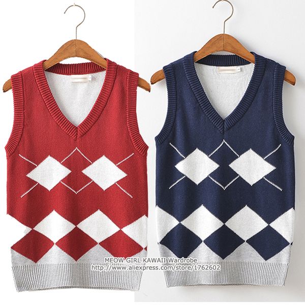 

british school uniform v-neck vest japanese jk sleeveless sweater cotton navy blue & wine red, Black;white