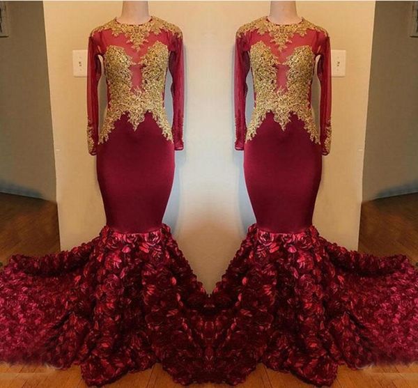 

Burgundy Rose Flowers Black Girls Mermaid Prom Dresses 2019 Gorgeous Gold Appliques Long Sleeve Lace Beads African Evening Gowns Party Dress