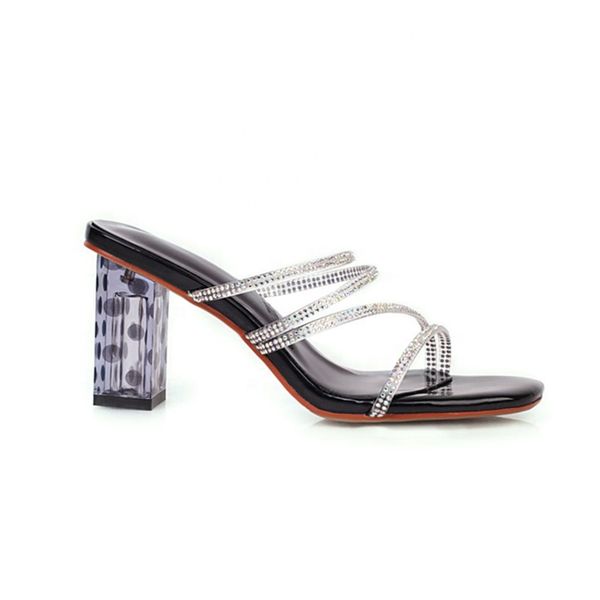 

new ins square high heels rhinestone crystal heel temperament sandals large size 43 womens shoes sandals sllippers, Black