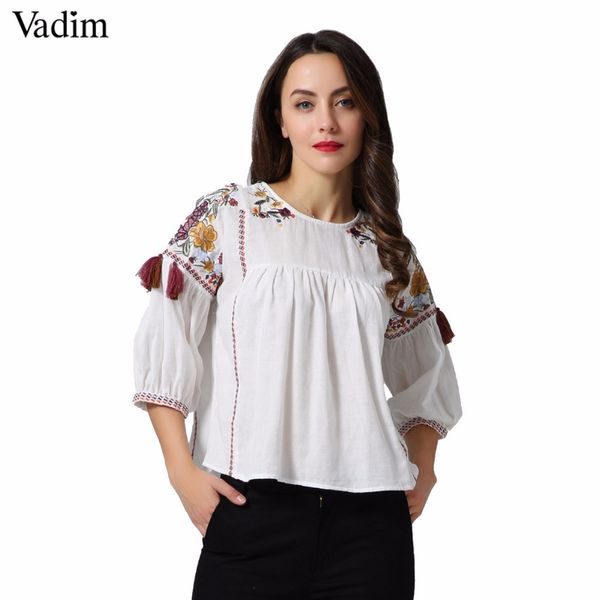 

вадим старинные цветочные вышивка tassles свободные рубашки негабаритный половина рукава о шея шика вскользь блуза мода вершины blusas, White