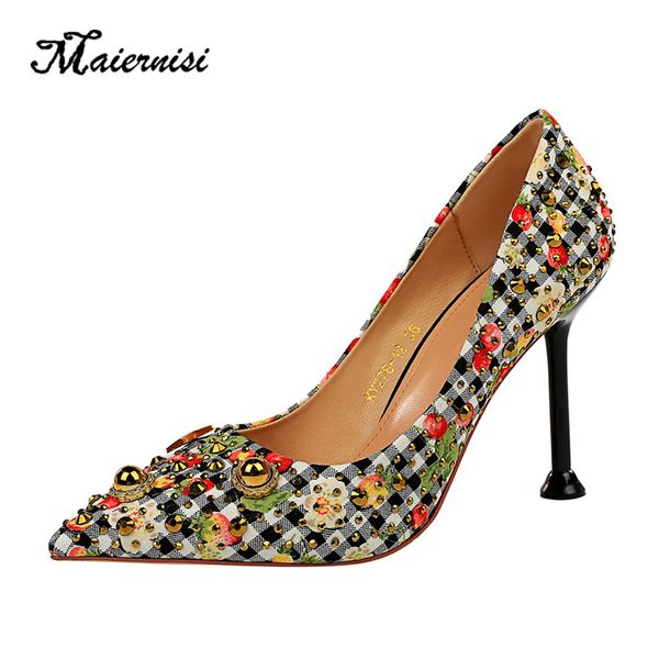 

maiernisi evening party high heels women shoes woman pumps fashion printing 9.5cm stilettos all-match shopping pumps, Black