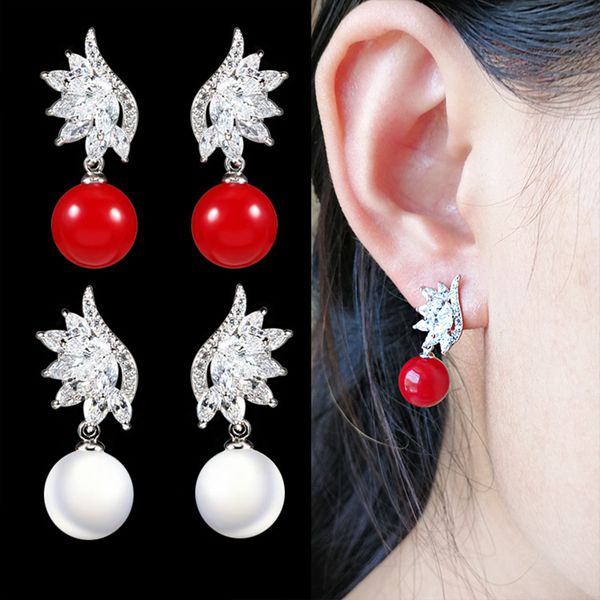 

new arrival girls zircon earrings women ball pendant earclip 925 silver pin ear stud shiny jewelry gift
