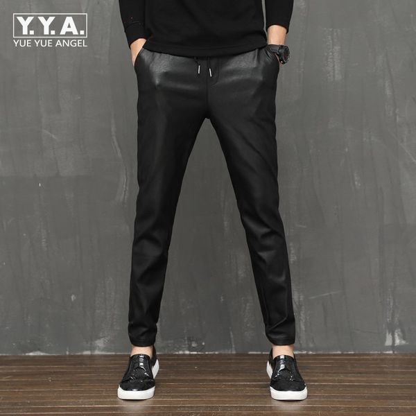 

2020 мужская мода кожаные шаровары повседневный comfort эластичный мужской брюки полная длина эластичный пояс кожезаменитель узкие брюки, Black