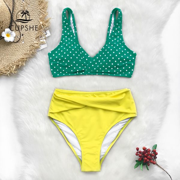 

cupshe green polka dot and yellow high-waisted tank bikini sets women boho two pieces swimsuits 2019 girl beach bathing suits