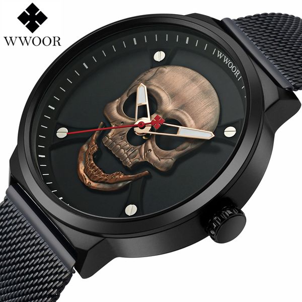

wwoor творческий прохладный череп мужские часы роскошные водонепроницаемый повседневная кварцевые часы мужской стальной сетчатый ремешок нар, Slivery;brown