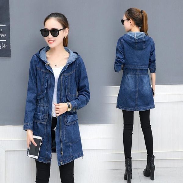 

#3312 long denim jacket with hooded loose coat korean fashion long sleeve jeans jacket women big pockets side zipper plus size, Black;brown