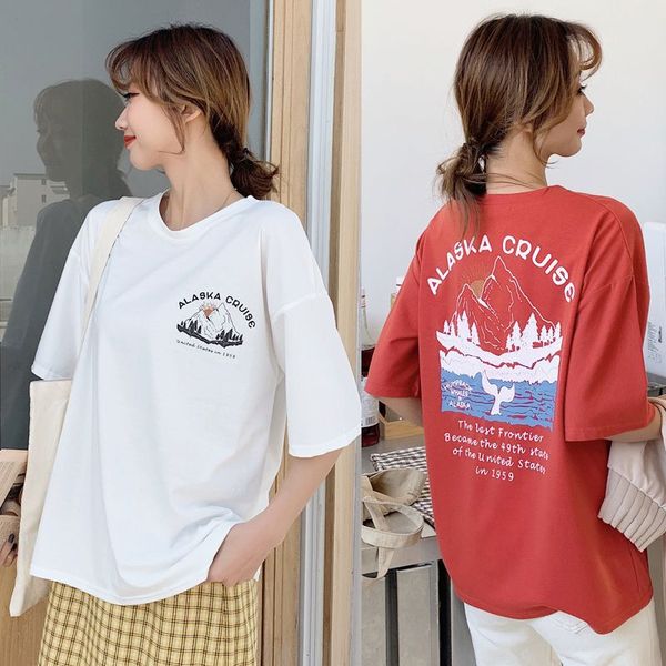 

summer 2019 korean girls loose bottoming shirt wild t-shirt cartoon letter printing casual head round neck t-shirt, White