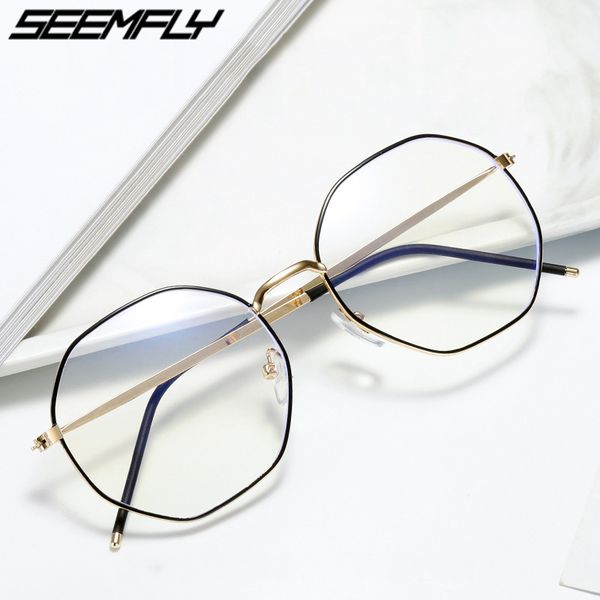 

seemfly vintage anti blue light glasses frame polygon women men clear lens myopia optical mirror simple metal eyewear frames new, Black