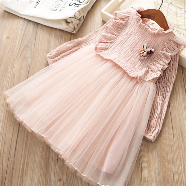 

0-6 years girl dress 2019 autumn new fashion solid cute flower full sleeves children clothing princess girl dresses, Red;yellow