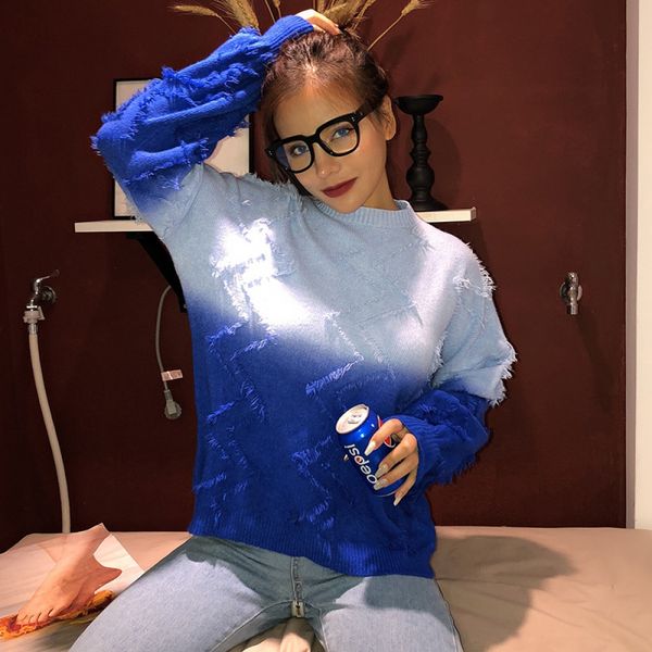 

2019 autumn and winter new fashion sweet women loose casual gradient tassel pullover sweater, White;black