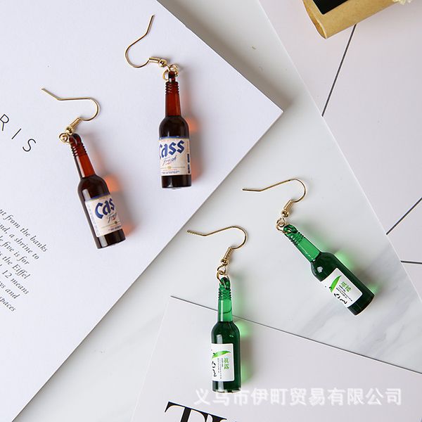 

beer bottle earrings personalized & creative small bottle long earrings korean-style simple funny hip hop fun model clip-on, Silver