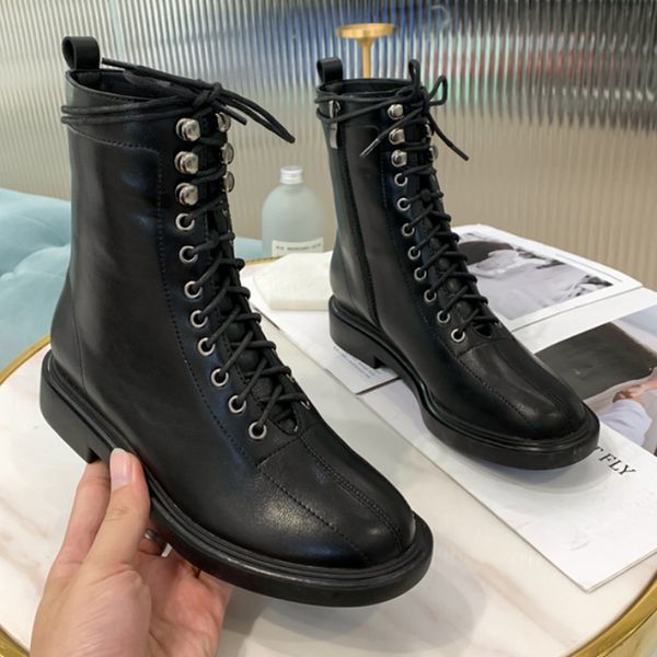 

winter boots women solid leather boots cross-tied&zipper high snow shoes lady thick sole motorcycle botas plush, Black
