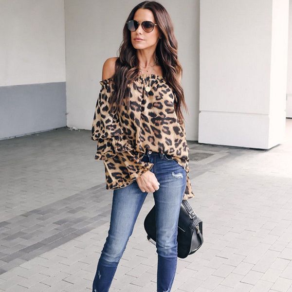 

2019 fashion womens dresses ladies leopard elegant bodycon low cut off shoulder long sleeve blouse autumn shirt, White