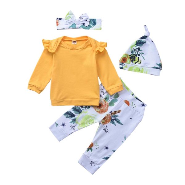 

2020 new fashion baby girl outfits clothes 4pcs ruffles floral pants hat bow hair spring fall kids girl cotton sets 0-2y, White