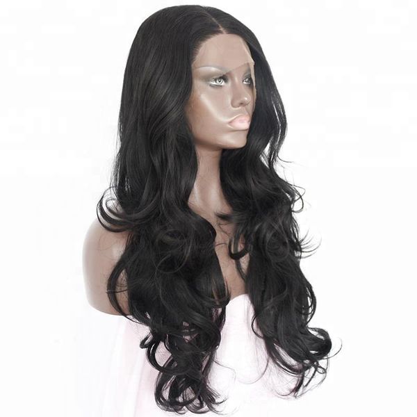 

естественный вид дешевые 24 дюймов 1b черный волнистый длинная сторона часть термостойкие волокна волос синтетические парики фронта шнурка д, Black