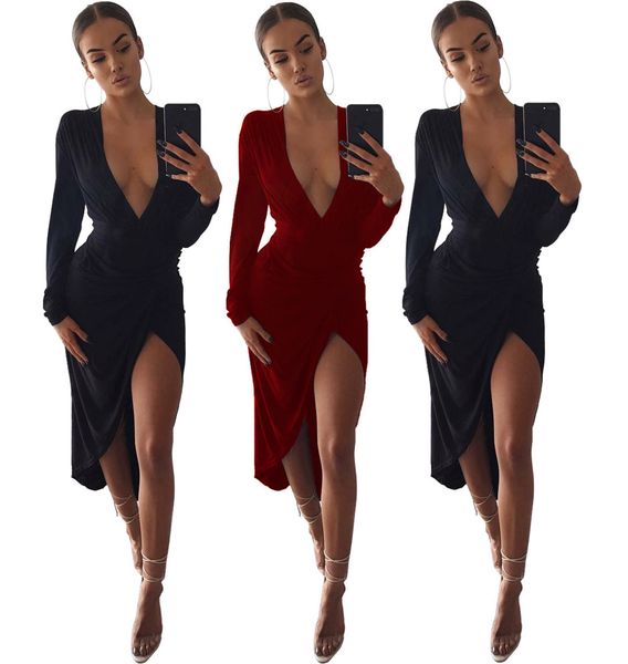 

женские дизайнерские платья осень нерегулярные глубокий v fold sexy long sleeveiink, Black;gray