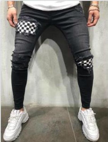 

men designer knee holes pencil jeans fashion street skateboard pencil pants casual long pantalones men clothing, Blue