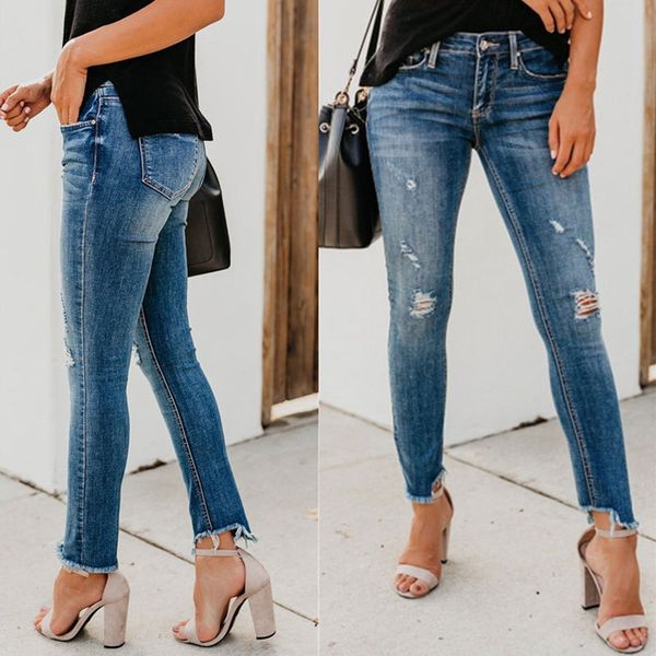 

2020 women stretch ripped distressed skinny high waist denim pants shredded jeans trousers, Blue