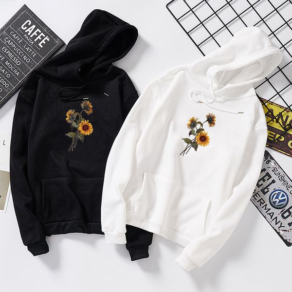 

women hoodies sunflower sweatshirts casual long sleeve hooded sweatshirt print flower pullover blouse for female pullovers, Black