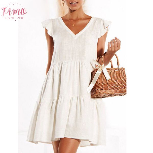 

solid color beach summer dress women 2019 v neck sleeveless ruffle pleated dress button lace up strap mini dresses, Black;gray