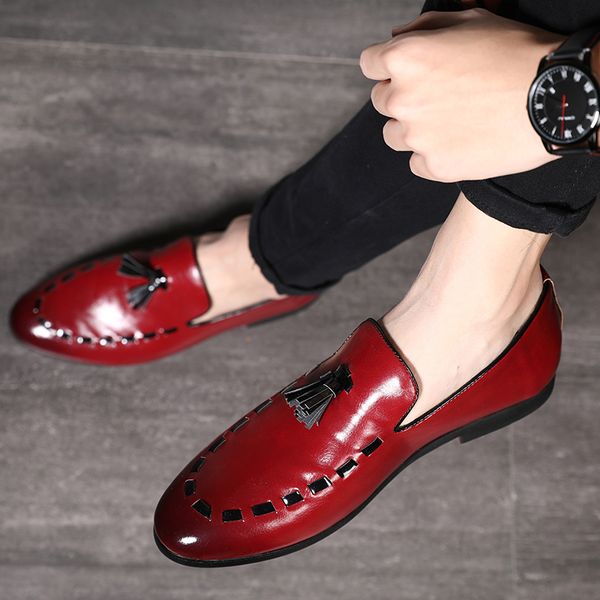 

luxury 2019 handmade men formal shoes loafers men wedding red dress shoes gentleman banquet loafers flat nightclub, Black