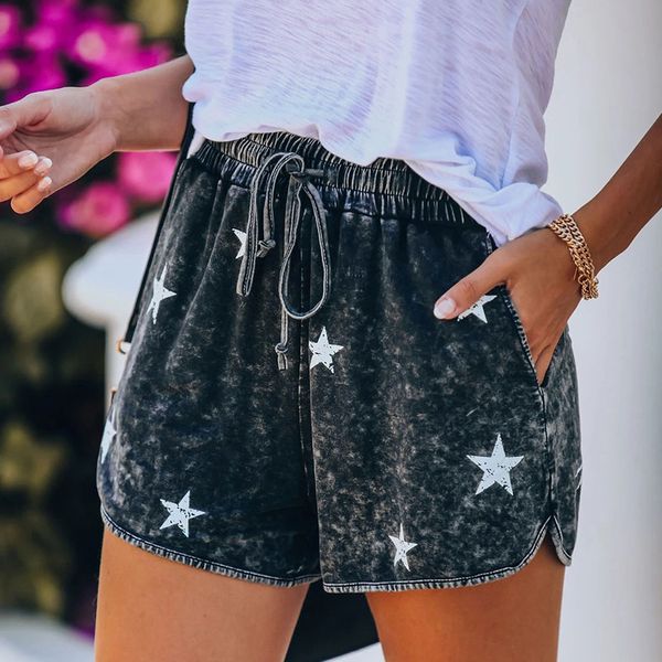

new fashion summer women shorts stars pattern bandage high waist elastic waist shorts female beach wear casual, White;black