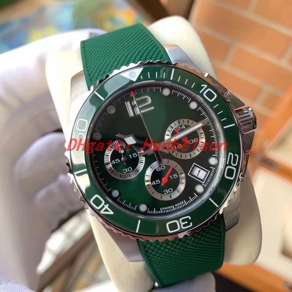 

new luxusuhr mens watches green dial ceramic bezel sport rubber strap quartz movement subdial work luminous luxusuhr male wristwatch, Slivery;brown