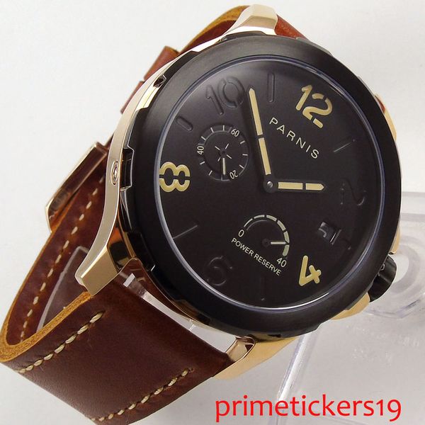 

44mm black dial rose golden case sapphire glass date leather strap yellow marks automatic mens watch p769, Slivery;brown