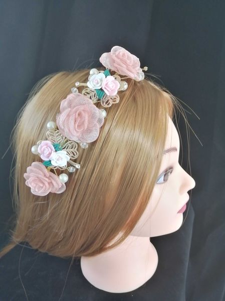

korean handicraft beads wedding tiaras,bride headbands pink 3d floral wreath headdress bridal ring comb bearer hair accessories