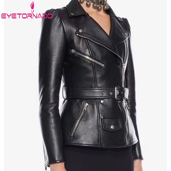 

women autumn leather pu jacket british style punk zipper motorcycle biker jacket slim fit removable hem faux leather jackets, Black