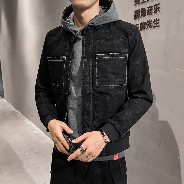 

2019 aautumn jacket men's camouflage denim jacket social spirit guy teen, Black