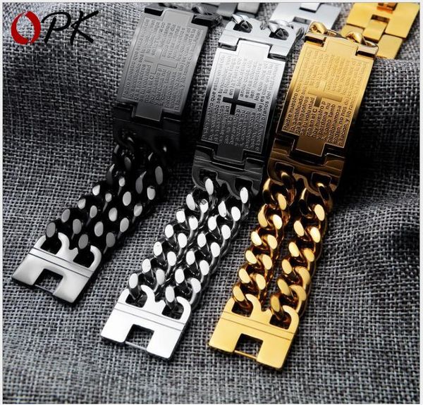 

european and american retro bible cross titanium steel bracelet overbearing men's personality bracelet, Golden;silver