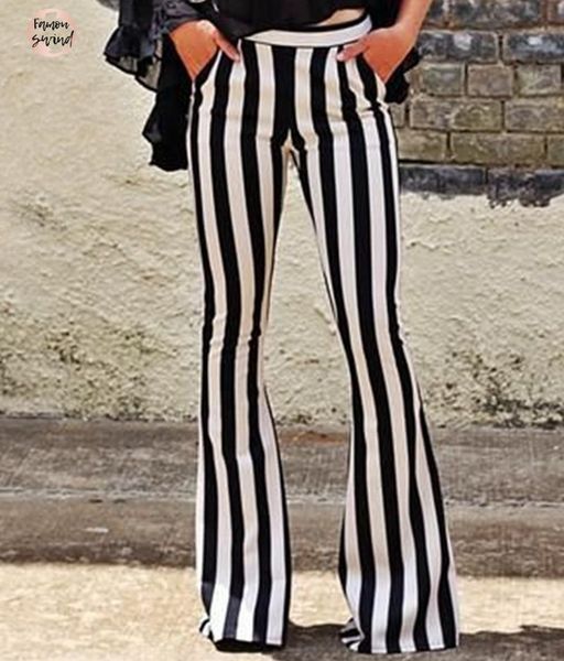 

pants fashion lady new street wear flare pant slim fitted striped leggings female elastic waist autumn england style punk casual, Black;white