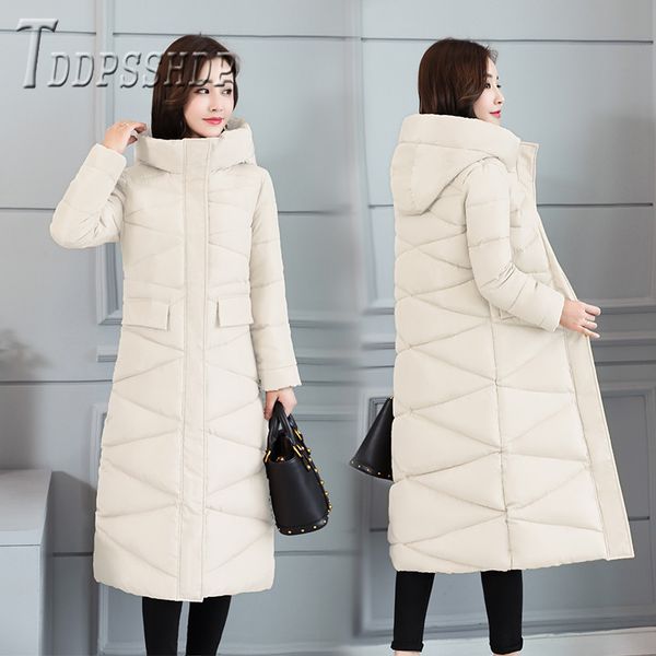 

2019 solid color pocket long style women parkas winter warm padded hoodie female overcoat, Black