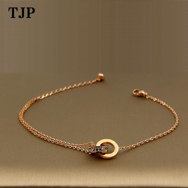 

fashion tricolor color beautiful bracelet double circle chain roman numeral and crystal anklet woman stainless steel jewelry, Black