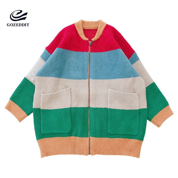 

gozeddit мода блоггеры полосатого zipper женщины свитер пальто сыпучие puls кармана размер, White