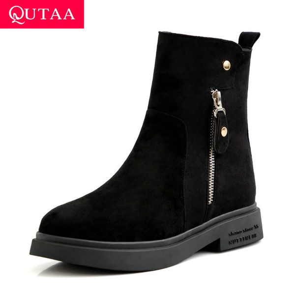 

qutaa 2020 square heel short boots scrub pu leather autumn winter ankle boots round toe zipper casual women shoes big size 34-43, Black