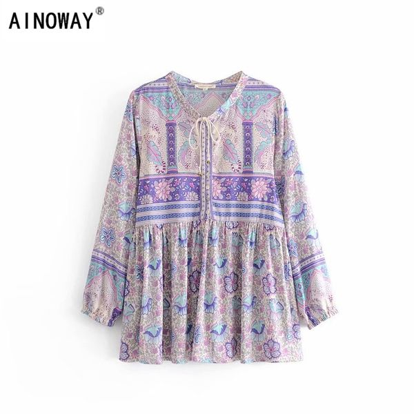 

vintage chic fashion women bohemian floral printed v-neck lace-up rayon boho blouse shirts long sleeve shirts female blusas t200321, White