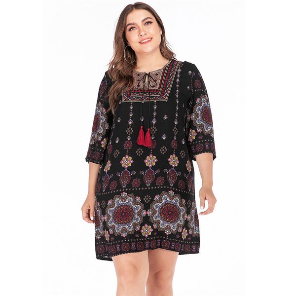 

plus size summer dress 2020 women embroidery o neck floral print short dress casual loose ladies tunic beach dresses, Black;gray