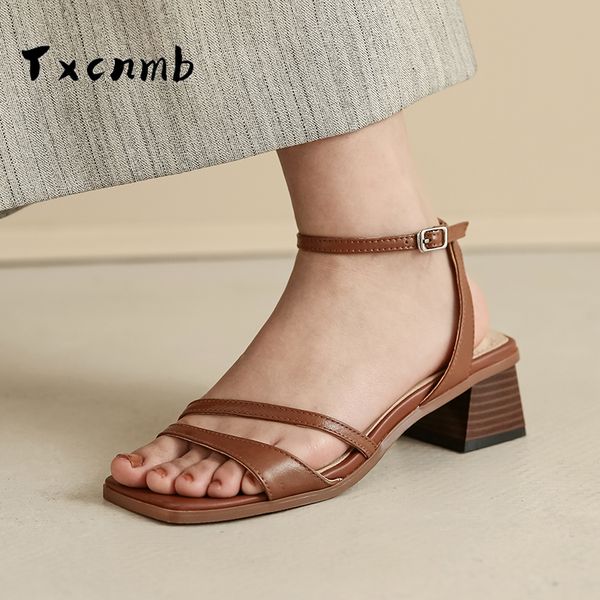 

comfortable square heel sandals black brown summer fashion solid literary style women's shoes new sandals