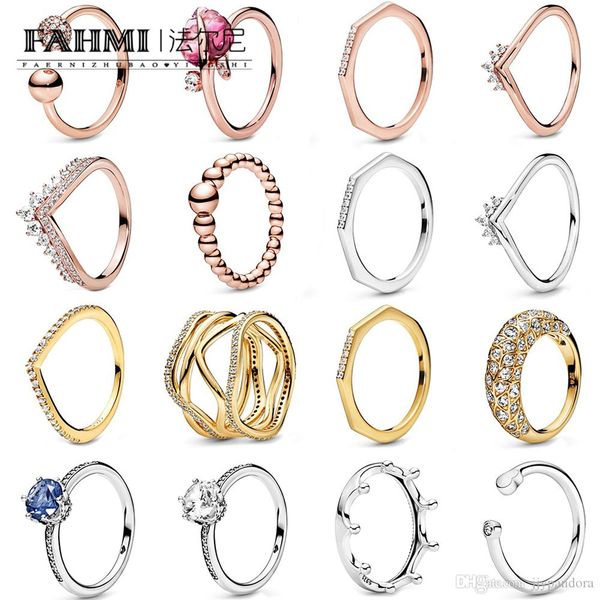 

fahmi 100% 925 sterling silver 2019 autumn preview shine multifaceted ring rose tiara wishbone ring clear sparkling crown ring, Slivery;golden