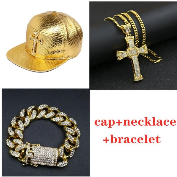 

men hip hop cap gold color cross cap hat +necklace+bracelet set jewelry diamond out cuban chian jewellery set, Blue;gray